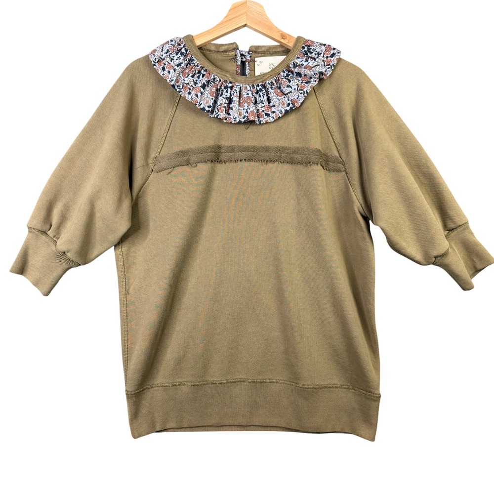 Rentrayage‎ x Madewell Floral Ruffle Collar Sweatshirt Olive Green L1826 Size S